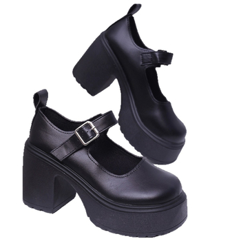 Pantofi Mary Jane din PU pentru femei, cu cataramă, vârf rotund, toc gros, talpă din spumă