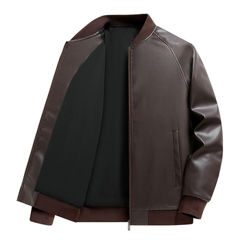 Férfi PU bőrdzseki — álló gallérral, duplán gombos záródás, középhosszú, poliészter bélés, sportos stílus