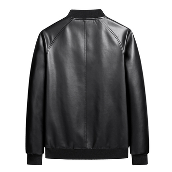 Férfi PU bőrdzseki — álló gallérral, duplán gombos záródás, középhosszú, poliészter bélés, sportos stílus