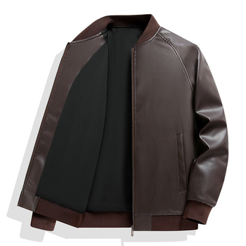 Férfi PU bőrdzseki — álló gallérral, duplán gombos záródás, középhosszú, poliészter bélés, sportos stílus