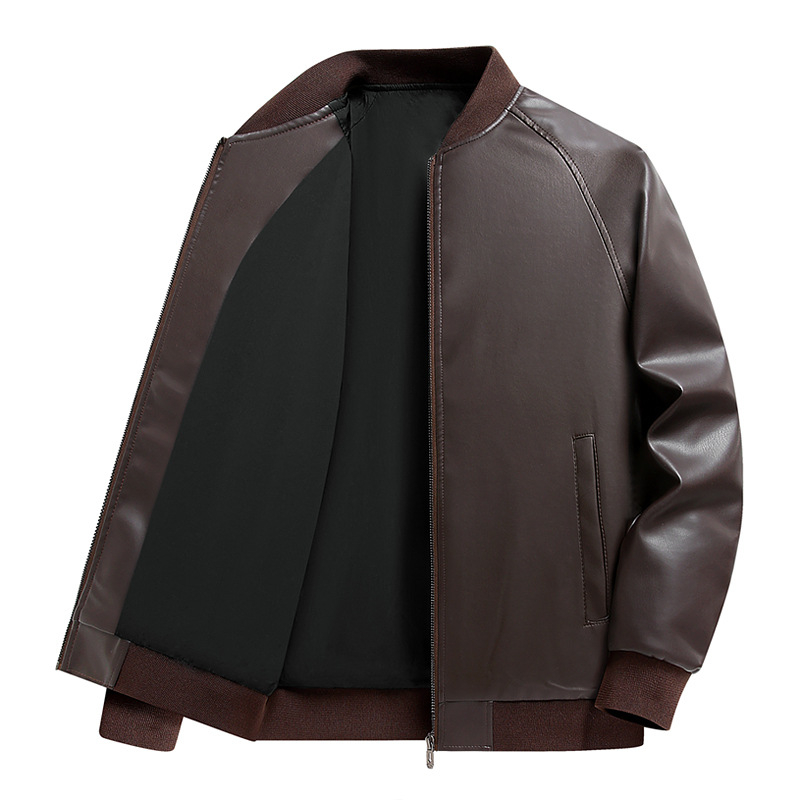 Férfi PU bőrdzseki — álló gallérral, duplán gombos záródás, középhosszú, poliészter bélés, sportos stílus