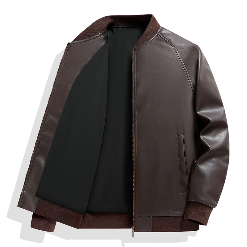 Férfi PU bőrdzseki — álló gallérral, duplán gombos záródás, középhosszú, poliészter bélés, sportos stílus