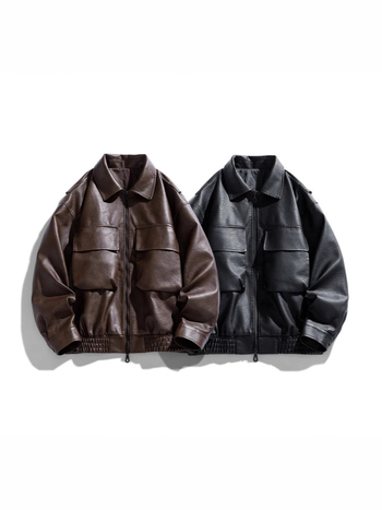 Férfi PU bőrdzseki, galléros laza fazon, cipzár, rövid szabás, patch zsebek, tavasz-ősz