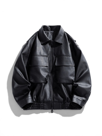 Férfi PU bőrdzseki, galléros laza fazon, cipzár, rövid szabás, patch zsebek, tavasz-ősz