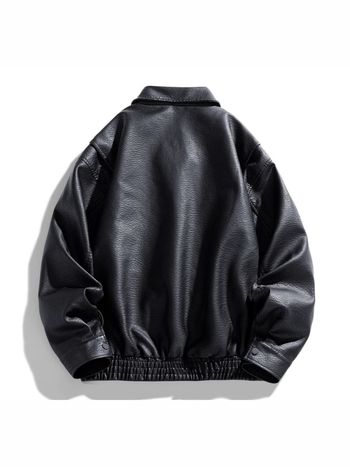 Férfi PU bőrdzseki, galléros laza fazon, cipzár, rövid szabás, patch zsebek, tavasz-ősz