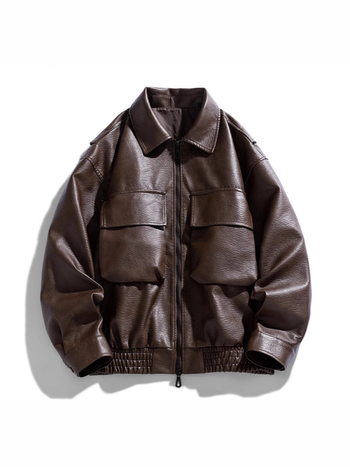 Férfi PU bőrdzseki, galléros laza fazon, cipzár, rövid szabás, patch zsebek, tavasz-ősz