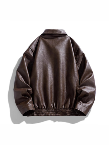 Férfi PU bőrdzseki, galléros laza fazon, cipzár, rövid szabás, patch zsebek, tavasz-ősz