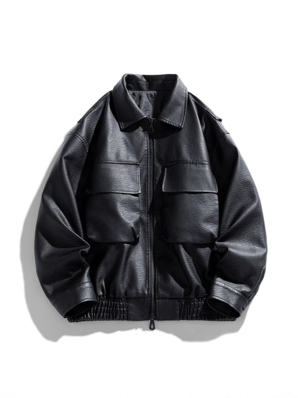 Férfi PU bőrdzseki, galléros laza fazon, cipzár, rövid szabás, patch zsebek, tavasz-ősz