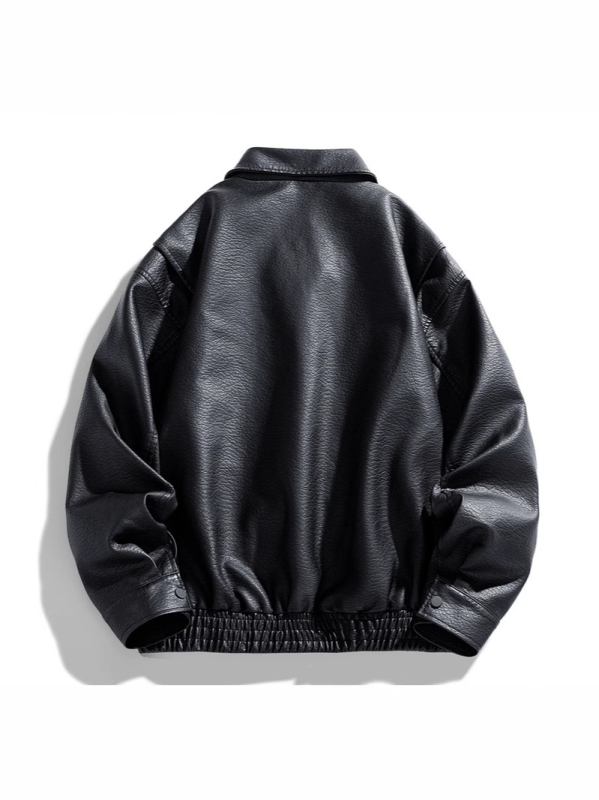 Férfi PU bőrdzseki, galléros laza fazon, cipzár, rövid szabás, patch zsebek, tavasz-ősz