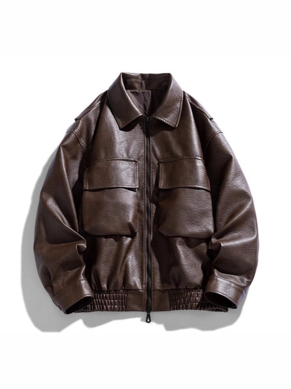 Férfi PU bőrdzseki, galléros laza fazon, cipzár, rövid szabás, patch zsebek, tavasz-ősz