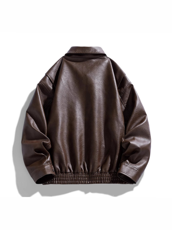 Férfi PU bőrdzseki, galléros laza fazon, cipzár, rövid szabás, patch zsebek, tavasz-ősz