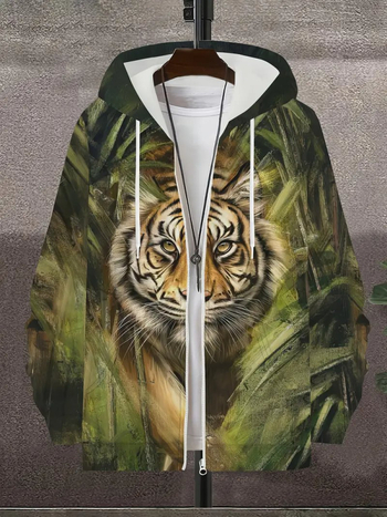 Férfi kardigán kapucnival cipzárral - állatmintás, 3D digitális nyomtatás, poliészter 96%+, laza szabás