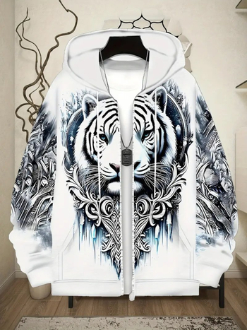 Мъжки кардиган с качулка и цип със животински принт - 3D дигитален печат; полиестер 96%+; свободна кройка; патчен джоб