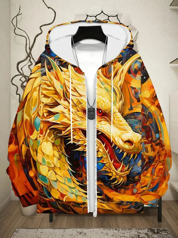 Мъжки кардиган с качулка и цип със животински принт - 3D дигитален печат; полиестер 96%+; свободна кройка; патчен джоб