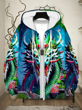 Мъжки кардиган с качулка и цип със животински принт - 3D дигитален печат; полиестер 96%+; свободна кройка; патчен джоб