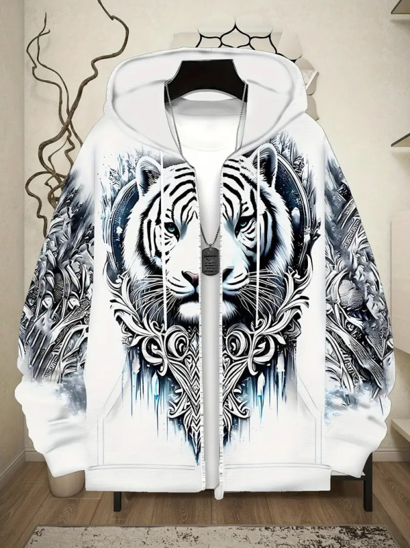 Férfi kardigán kapucnival cipzárral - állatmintás, 3D digitális nyomtatás, poliészter 96%+, laza szabás