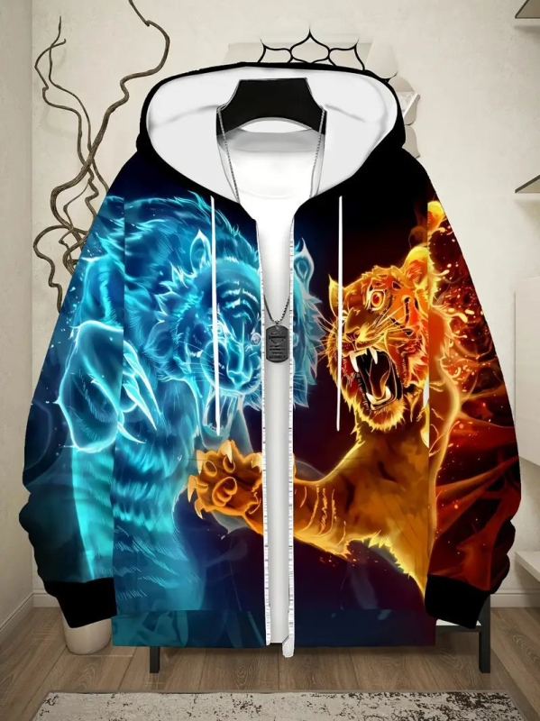 Férfi kardigán kapucnival cipzárral - állatmintás, 3D digitális nyomtatás, poliészter 96%+, laza szabás