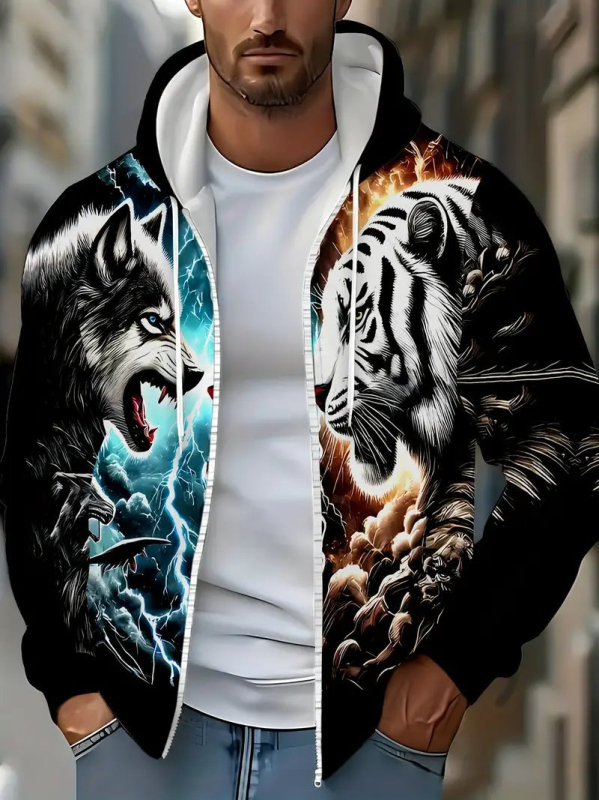 Férfi kardigán kapucnival cipzárral - állatmintás, 3D digitális nyomtatás, poliészter 96%+, laza szabás