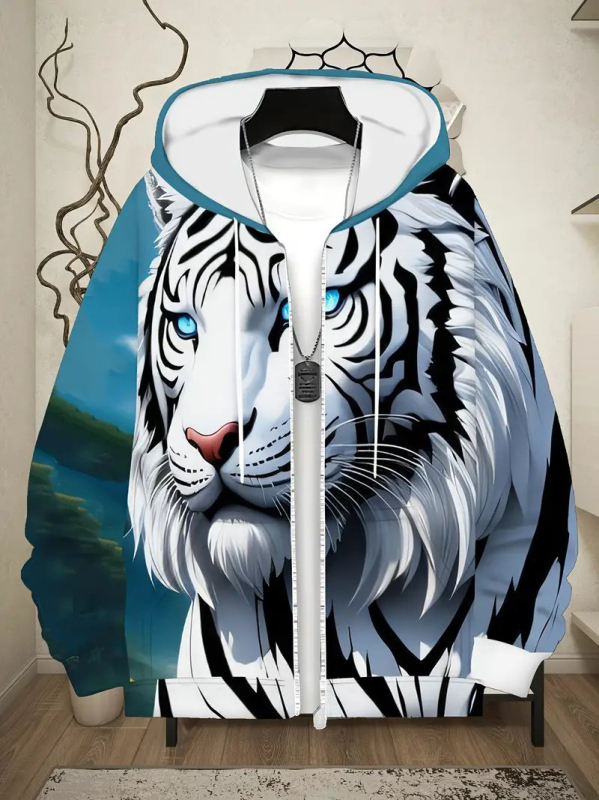 Férfi kardigán kapucnival cipzárral - állatmintás, 3D digitális nyomtatás, poliészter 96%+, laza szabás