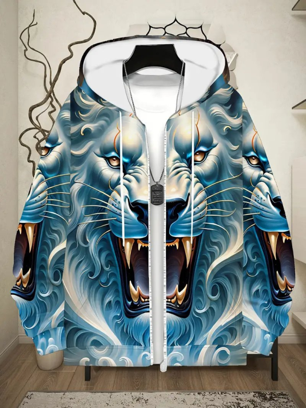 Férfi kardigán kapucnival cipzárral - állatmintás, 3D digitális nyomtatás, poliészter 96%+, laza szabás