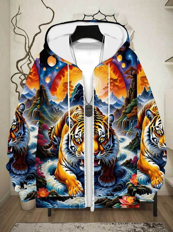 Férfi kardigán kapucnival cipzárral - állatmintás, 3D digitális nyomtatás, poliészter 96%+, laza szabás