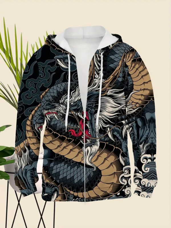 Férfi kardigán kapucnival cipzárral - állatmintás, 3D digitális nyomtatás, poliészter 96%+, laza szabás