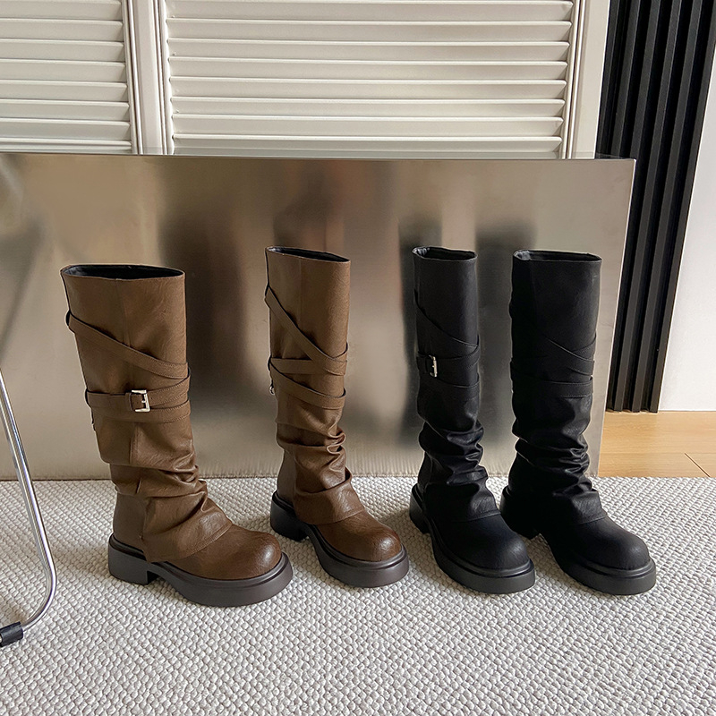 Ženske čizme do koljena s gornjim dijelom od teleće kože, unutarnja podstava od prirodne kože, pull-on, pet 3–5 cm