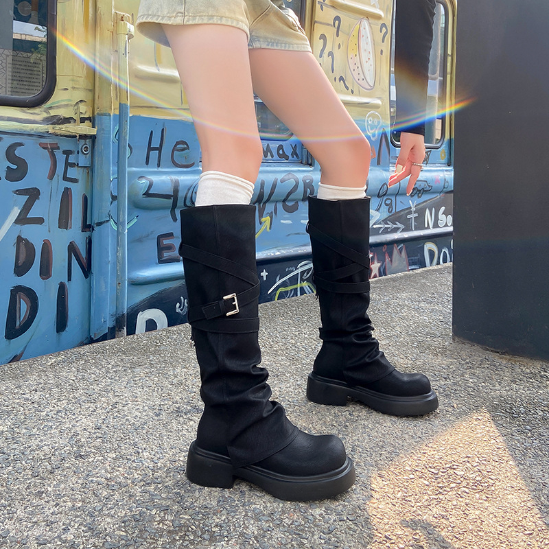 Ženske čizme do koljena s gornjim dijelom od teleće kože, unutarnja podstava od prirodne kože, pull-on, pet 3–5 cm