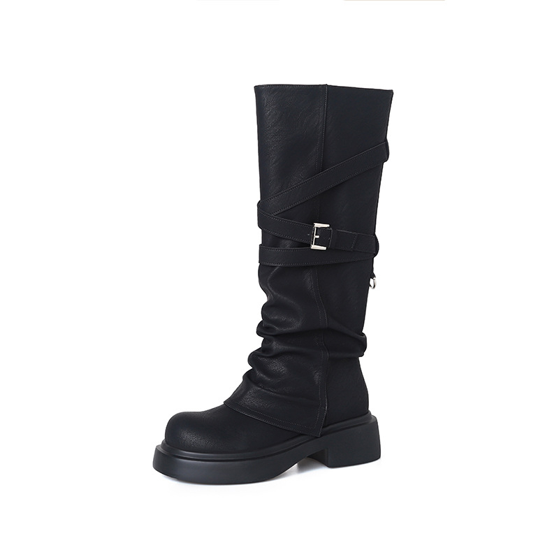 Ženske čizme do koljena s gornjim dijelom od teleće kože, unutarnja podstava od prirodne kože, pull-on, pet 3–5 cm