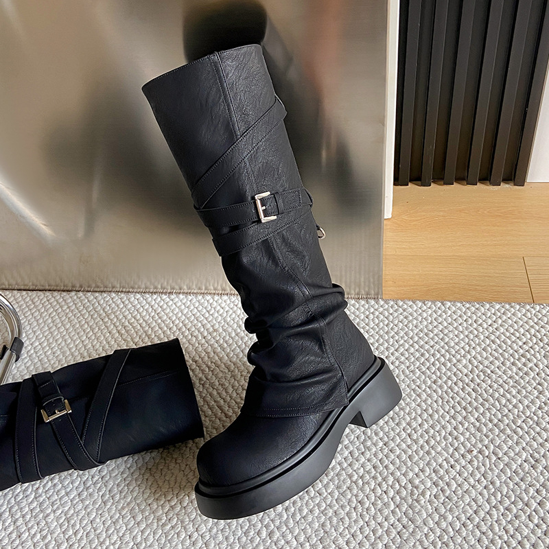 Ženske čizme do koljena s gornjim dijelom od teleće kože, unutarnja podstava od prirodne kože, pull-on, pet 3–5 cm