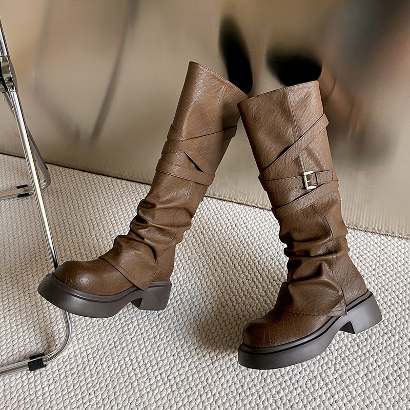 Ženske čizme do koljena s gornjim dijelom od teleće kože, unutarnja podstava od prirodne kože, pull-on, pet 3–5 cm