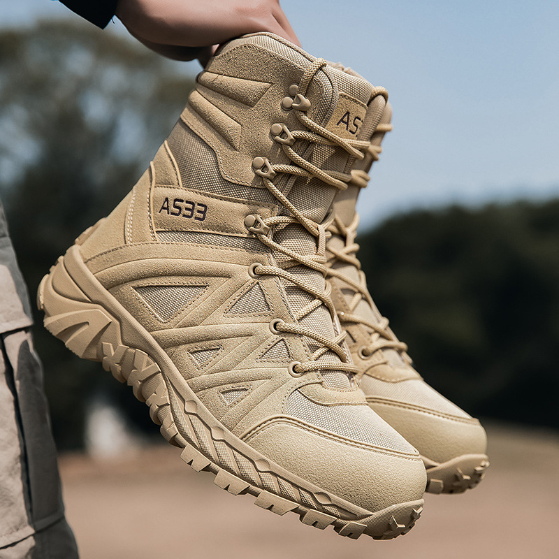 Ανδρικά τακτικά μποτάκια - υψηλό επάνω μέρος, εξωτερικός σχεδιασμός έρημος, αδιάβροχο ύφασμα, αντιολισθητική σόλα