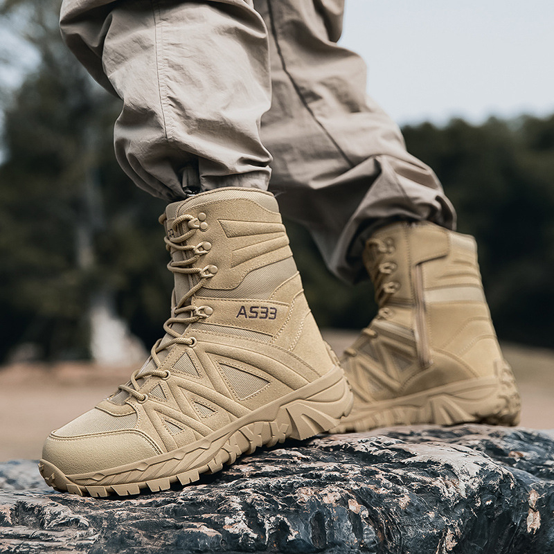 Ανδρικά τακτικά μποτάκια - υψηλό επάνω μέρος, εξωτερικός σχεδιασμός έρημος, αδιάβροχο ύφασμα, αντιολισθητική σόλα