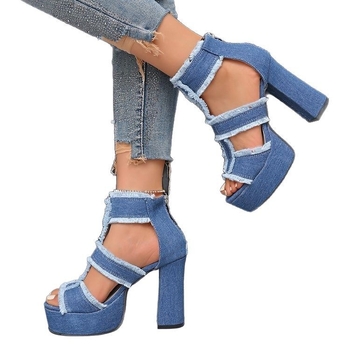 Σανδάλια από ντενίμ με ψηλό τακούνι, στρογγυλό δάχτυλο, πίσω φερμουάρ, μινιμαλιστικό στυλ