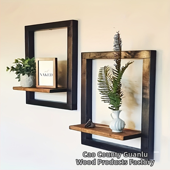 Ξύλινο ράφι αποθήκευσης τοίχου με ορθογώνιο πλαίσιο φωτογραφιών, μοντέρνος μινιμαλιστικός σχεδιασμός.