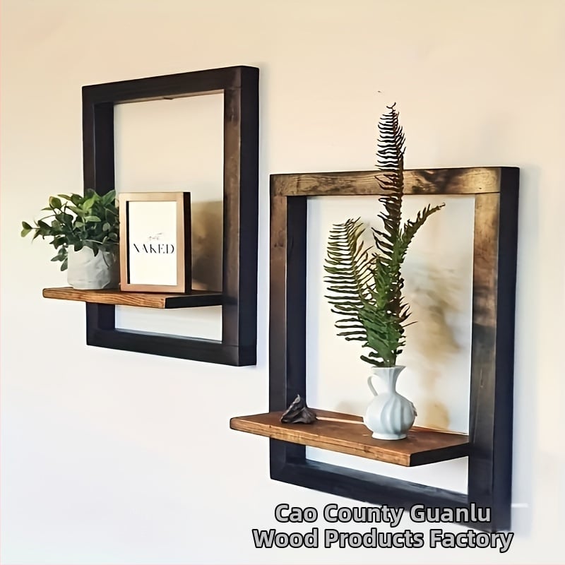 Стенно монтиран дървен органайзер за съхранение с правоъгълна рамка за снимки, единична полица, модерен минималистичен дизайн.