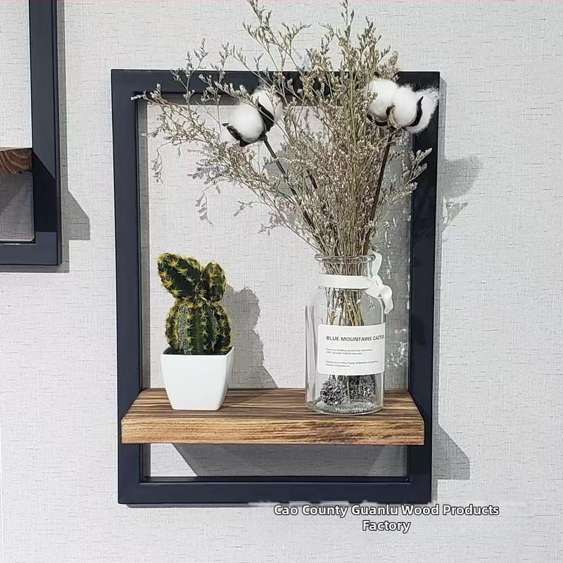 Стенно монтиран дървен органайзер за съхранение с правоъгълна рамка за снимки, единична полица, модерен минималистичен дизайн.