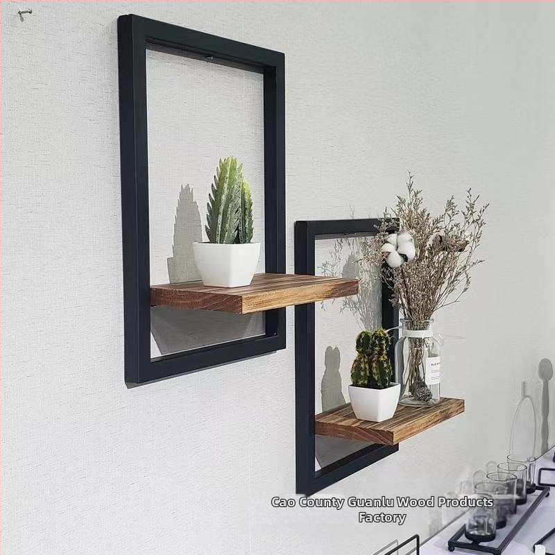 Ξύλινο ράφι αποθήκευσης τοίχου με ορθογώνιο πλαίσιο φωτογραφιών, μοντέρνος μινιμαλιστικός σχεδιασμός.