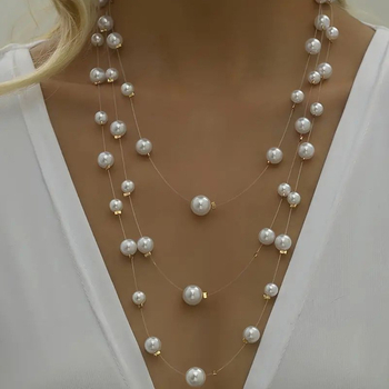 Colier cu perle artificiale, multistrat, făcut manual, lanț de perle, design elegant geometric în formă de U