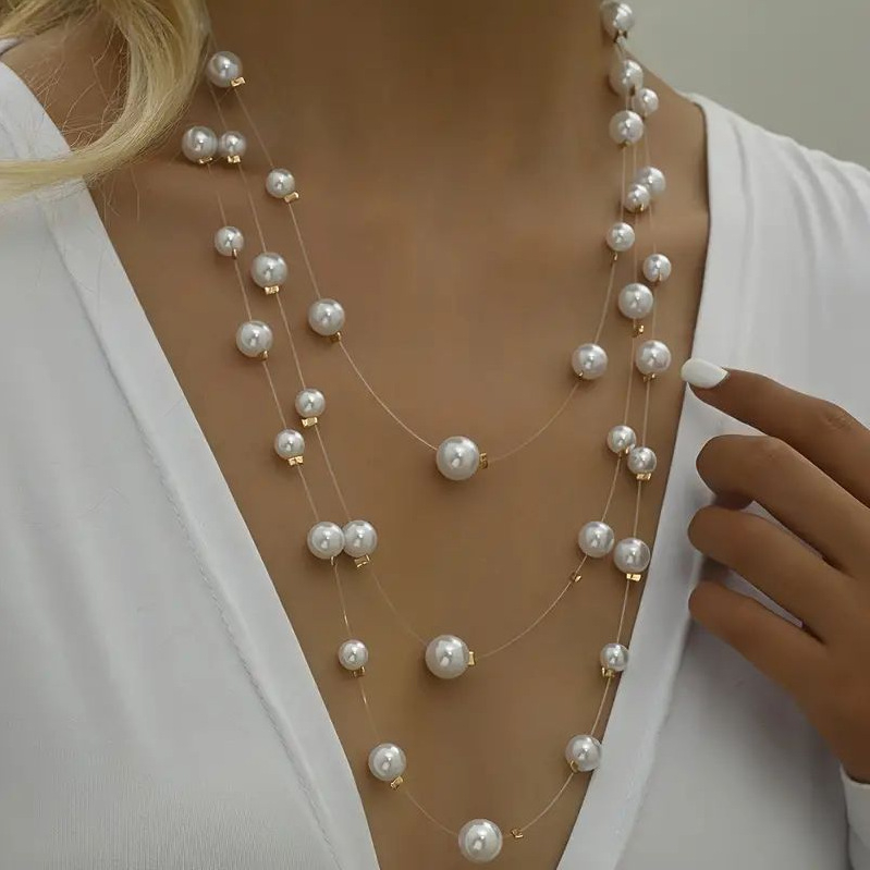 Colier cu perle artificiale, multistrat, făcut manual, lanț de perle, design elegant geometric în formă de U