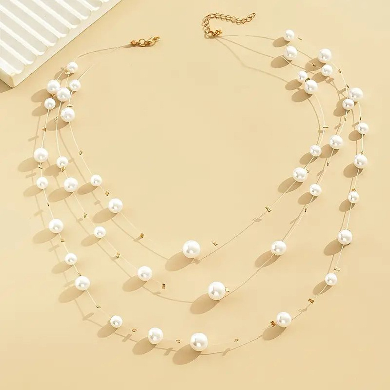 Colier cu perle artificiale, multistrat, făcut manual, lanț de perle, design elegant geometric în formă de U