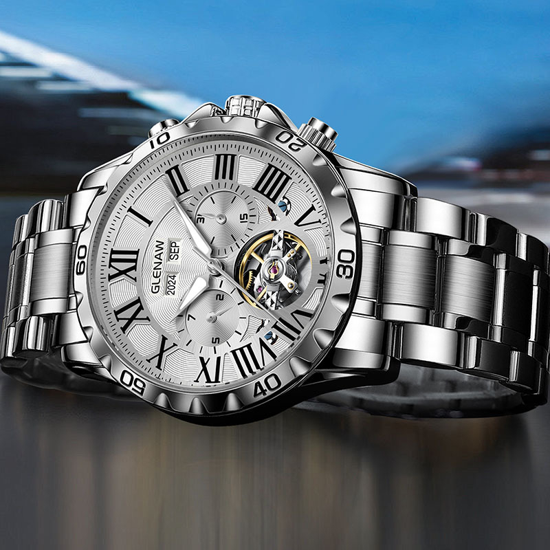 Glenn 7013 Exkluzív mechanikus férfi karóra, 41 mm tok, rozsdamentes acél tok, ötvözet szíj, fényes kijelző, holdfázis, nap és hónap kijelzése