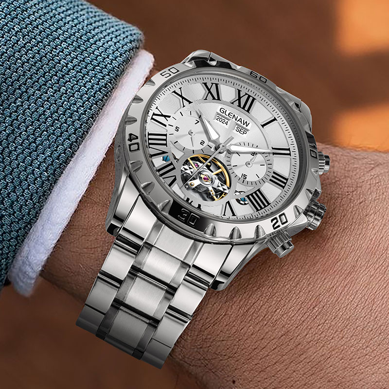 Glenn 7013 Exkluzív mechanikus férfi karóra, 41 mm tok, rozsdamentes acél tok, ötvözet szíj, fényes kijelző, holdfázis, nap és hónap kijelzése