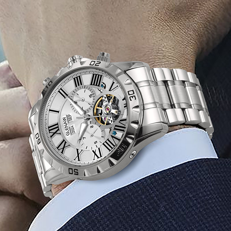 Glenn 7013 Exkluzív mechanikus férfi karóra, 41 mm tok, rozsdamentes acél tok, ötvözet szíj, fényes kijelző, holdfázis, nap és hónap kijelzése