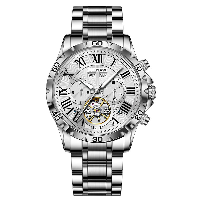 Glenn 7013 Exkluzív mechanikus férfi karóra, 41 mm tok, rozsdamentes acél tok, ötvözet szíj, fényes kijelző, holdfázis, nap és hónap kijelzése