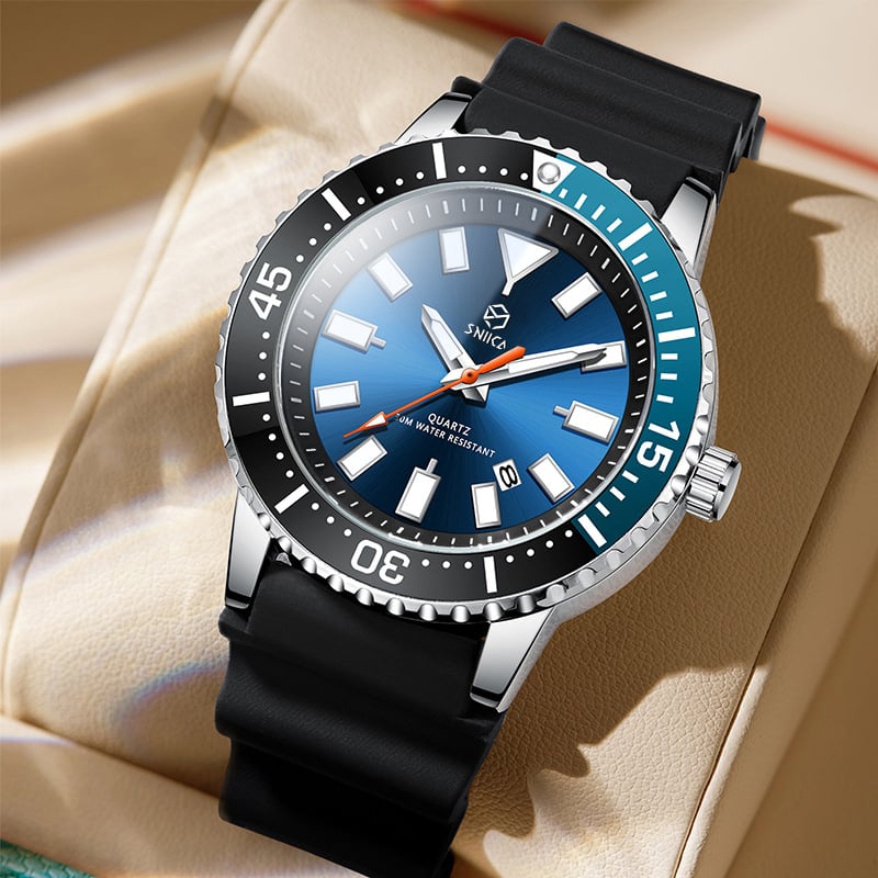 Мъжки кварцов часовник Schniga – водоустойчив 30 м, аналогов дисплей, силиконов ремък, корпус от сплав, минерално подсилено стъкло, спирална корона