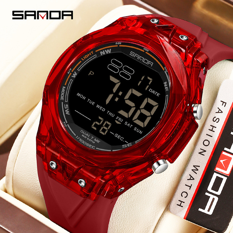 Електронен часовник с цифров дисплей, прозрачен голям циферблат, светещ, водоустойчив 50 m, хронометър, таймер, аларма (електронно движение • цифров дисплей • 50 m водоустойчивост • хронометър/таймер/аларма • светещ циферблат)