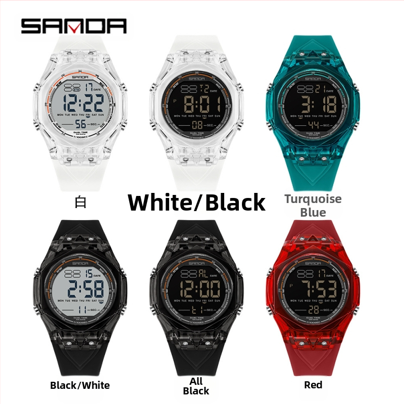 Електронен часовник с цифров дисплей, прозрачен голям циферблат, светещ, водоустойчив 50 m, хронометър, таймер, аларма (електронно движение • цифров дисплей • 50 m водоустойчивост • хронометър/таймер/аларма • светещ циферблат)