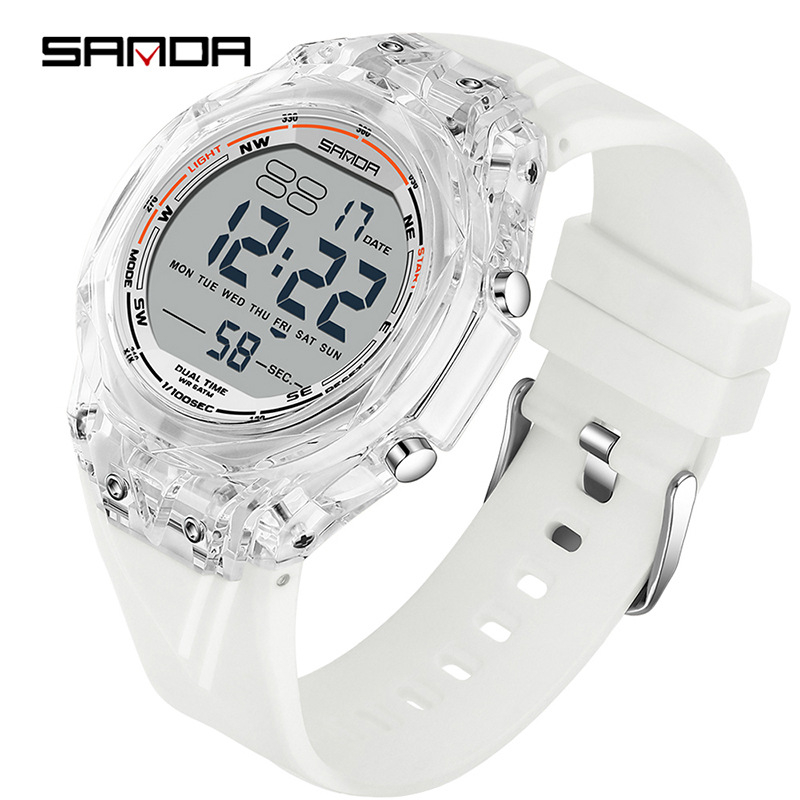 Електронен часовник с цифров дисплей, прозрачен голям циферблат, светещ, водоустойчив 50 m, хронометър, таймер, аларма (електронно движение • цифров дисплей • 50 m водоустойчивост • хронометър/таймер/аларма • светещ циферблат)