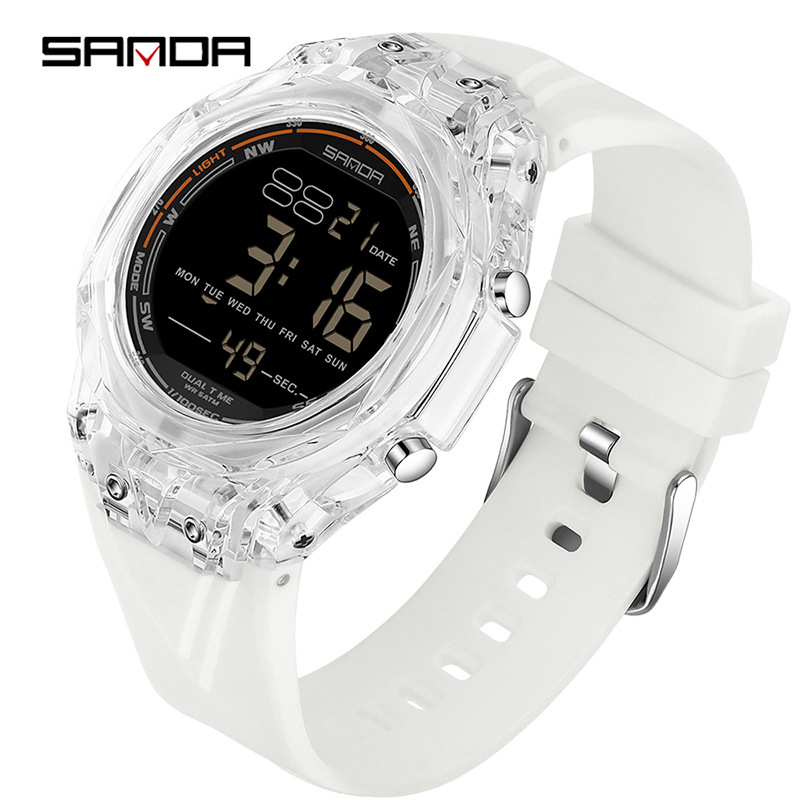 Електронен часовник с цифров дисплей, прозрачен голям циферблат, светещ, водоустойчив 50 m, хронометър, таймер, аларма (електронно движение • цифров дисплей • 50 m водоустойчивост • хронометър/таймер/аларма • светещ циферблат)